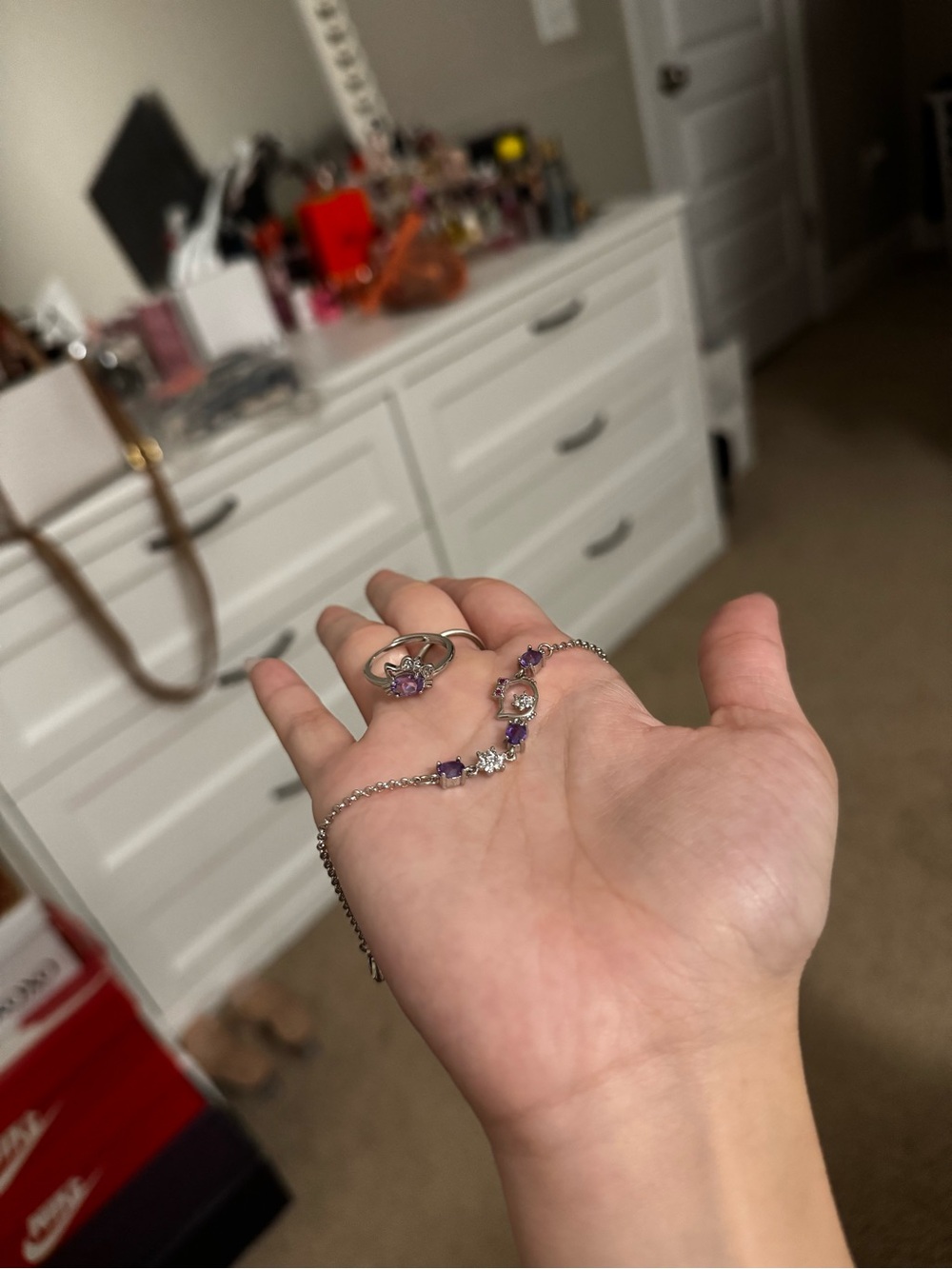 Silver-tone Purple Hello Kitty Bracelet and Ring Set